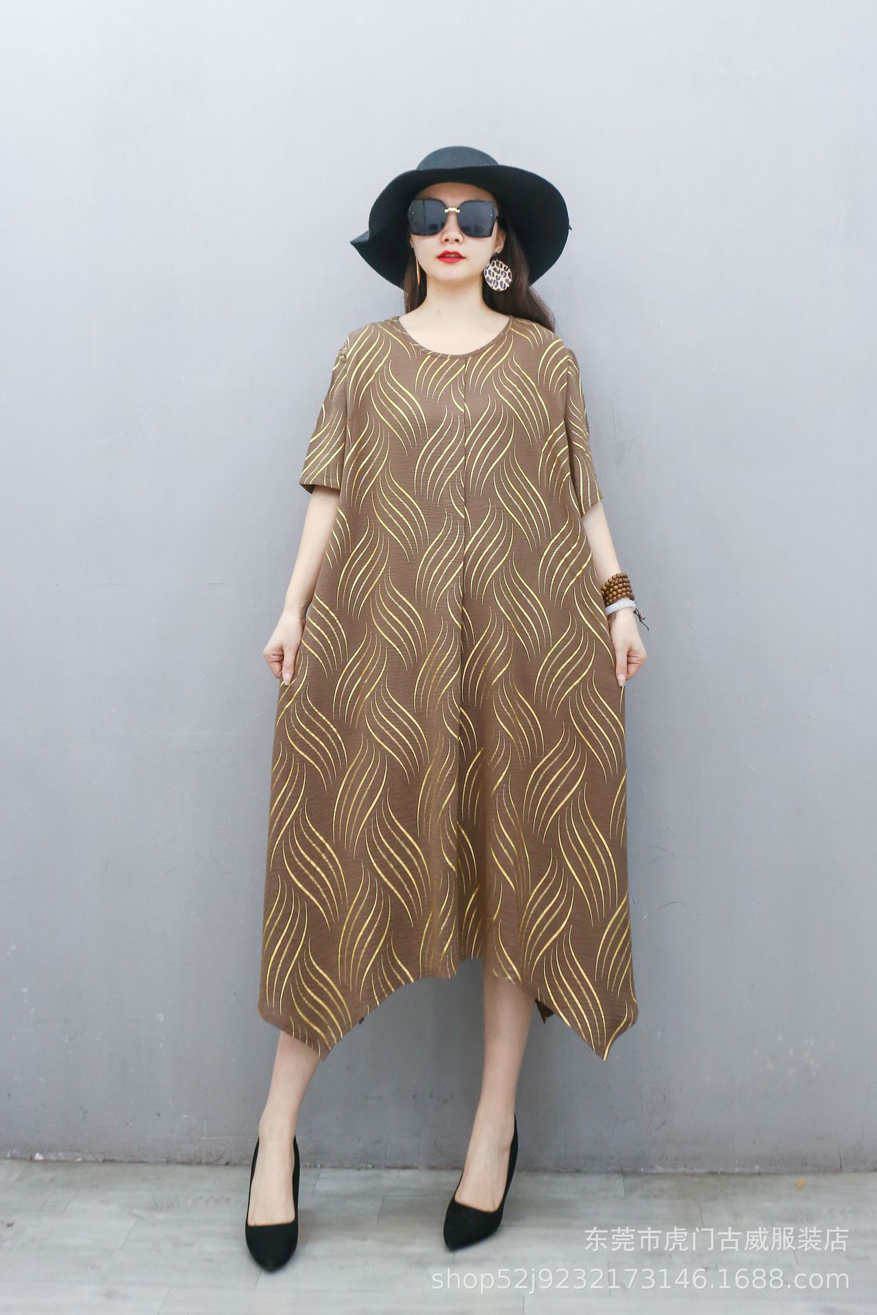 Comercio exterior transfronterizo vestido de gran tamaño suelto literatura de verano vestido irregular cuello redondo mangas cortas vestido de mujer gorda de edad media image 12