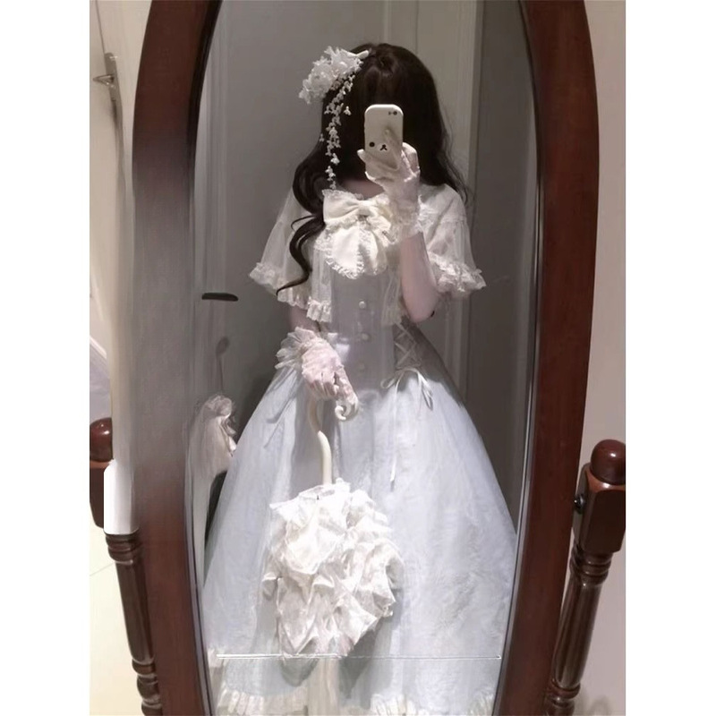 Japanese-Style Outfit: Aqua Wind Chime Dream Lolita Lady's Waist Dress, Princess Puffy Long Dress