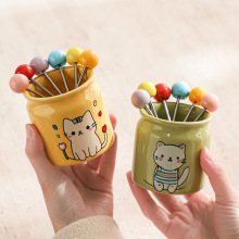 水果叉子陶瓷收纳罐不锈钢水果签轻奢高级感可爱儿童甜品叉子