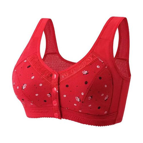 Summer and Autumn Large Size Middle-Aged Women's Cotton Bra with No Wire, Front Closure Lace Edge Printed Backless Tank Top