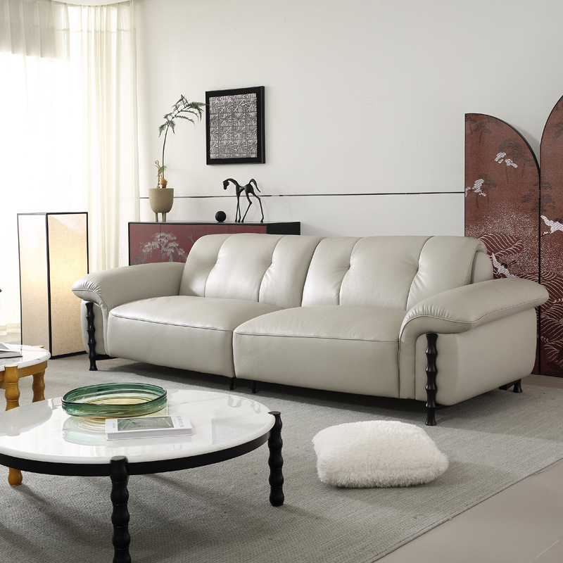 Maijia Tu Italian Minimalist Genuine Leather Sofa, Top Layer Cowhide, Modern Simple Small Apartment Straight Row Solid Wood Leather Art Light Luxury