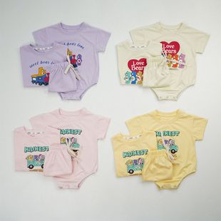 Babies and Toddlers Go Out One-Body Clothes Summer Newborn Girls Short-Sleeved Cartoon Hare Clothes Pure Cotton Crawling Clothes Western Style