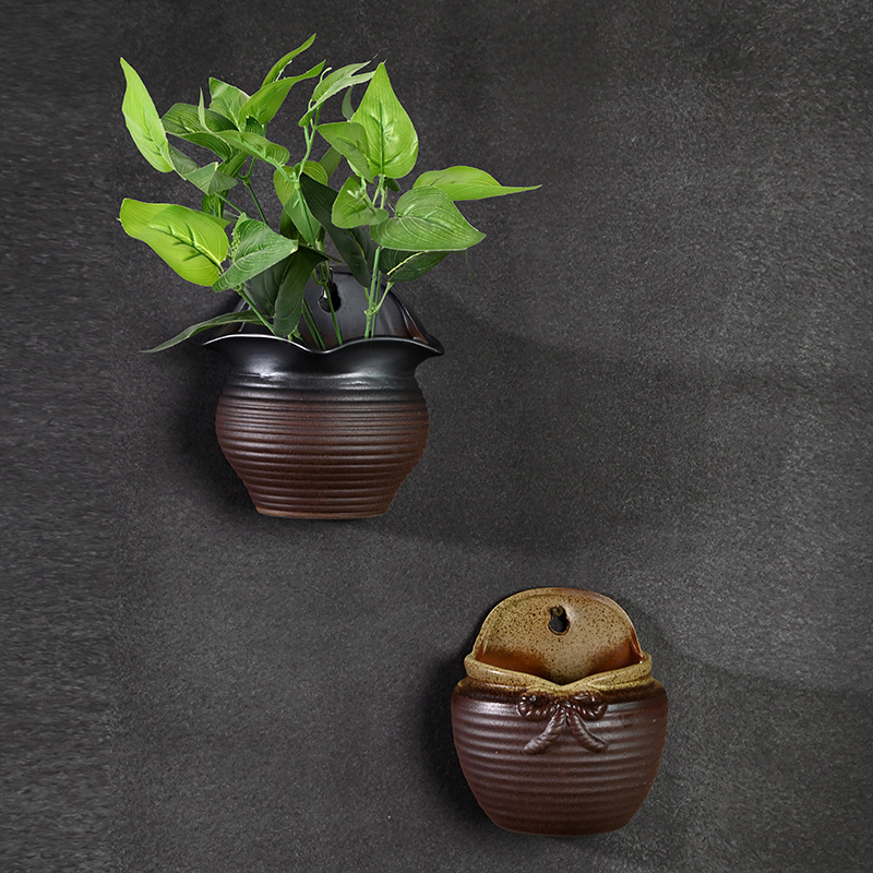 Patio al aire libre montado en la pared retro creativa maceta de eneldo verde cerámica de cerámica de gres para el hogar olla de cerámica carnosa liquidación al por mayor