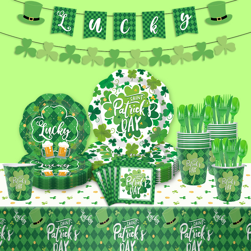 New St. Patrick's Day Theme Party Supplies Clover Tray Paper Cup Green Plaid Decorative suit