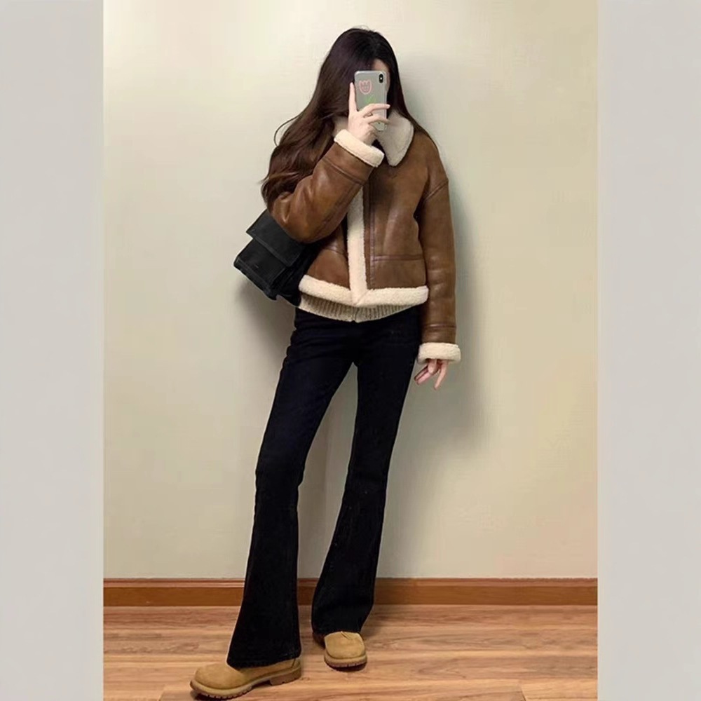 现货2026美拉德皮毛一体短款外套女士秋冬季新款仿羊羔毛上衣