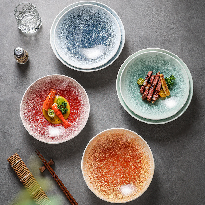 Underglaze color ceramic tableware gradient color round deep bowl fruit salad bowl cold dish bowl ramen bowl snack plate