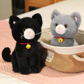新款仿真铃铛猫仿真熊公仔玩偶娃娃黑猫礼物精品玩具儿童陪伴批发
