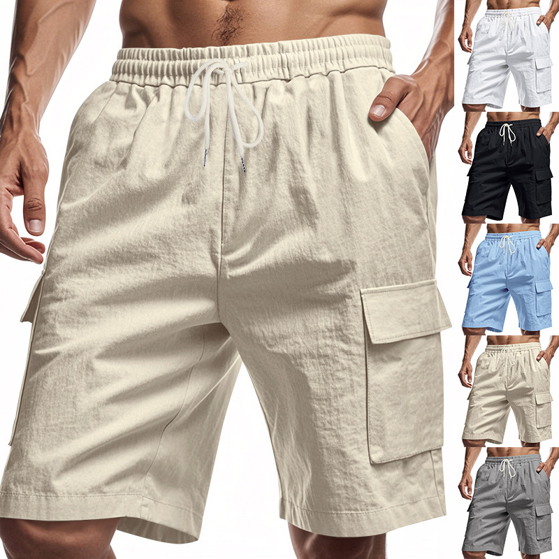 Monos multibolsillos estadounidenses transfronterizos, pantalones cortos de cinco puntos para hombres, deportes al aire libre, ocio, ropa de lino de color sólido suelto image 3