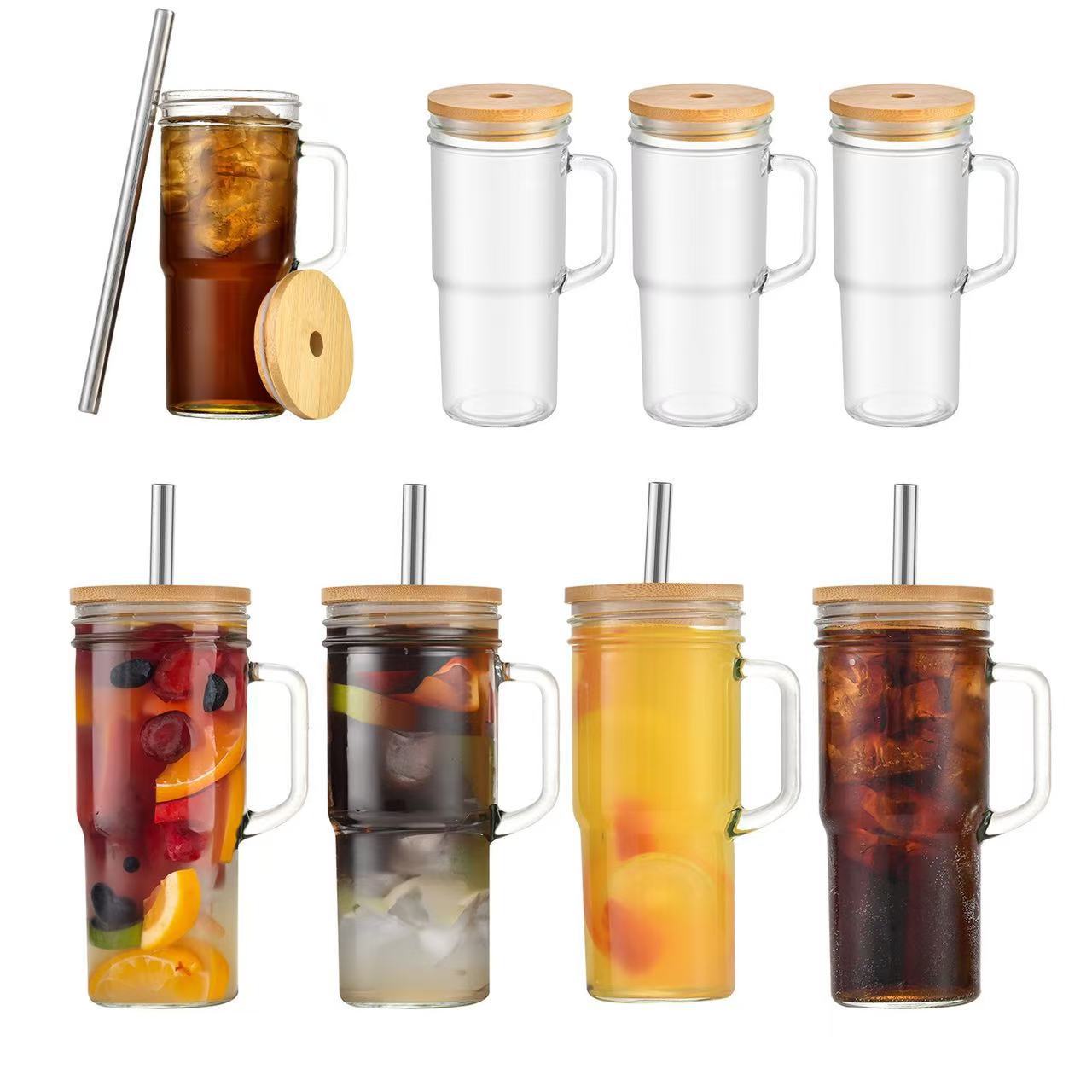 24oz Taza Mason de automóvil con mango de madera taza de bebida taza de vidrio de paja de gran capacidad taza de té de leche taza de paja taza de agua