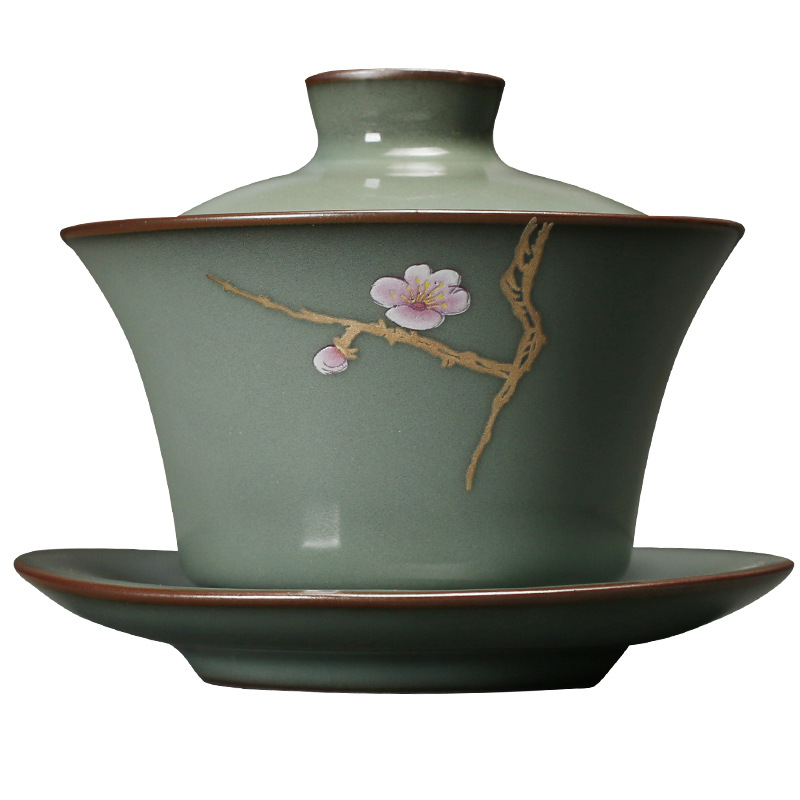 Horno oficial celadón pintado a mano para hacer té cubierta de tres piezas La apertura del Tazón puede elevar el hogar Juego de té de Kung Fu japonés tazón de té de cerámica individual