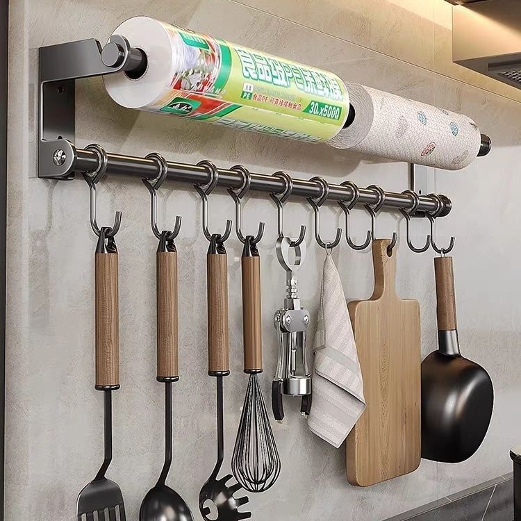 Stainless Steel No-Drill Kitchen Hook Rack Wall-Mounted Multifunctional Hanger for Spoons, Spatulas, Paper Towels, and Towels, No Nails Required