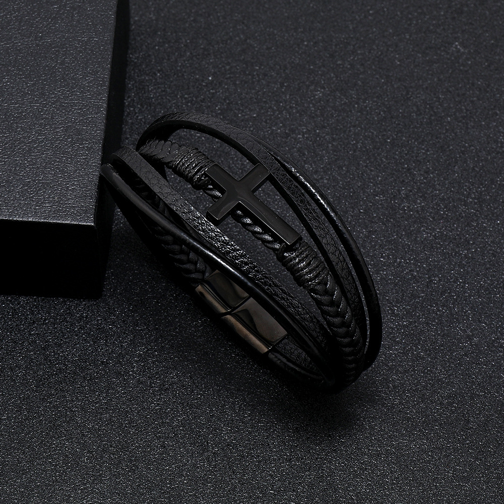 Multi Layer Leather Woven Bracelet Magnetic Buckle For Men_voghion.com