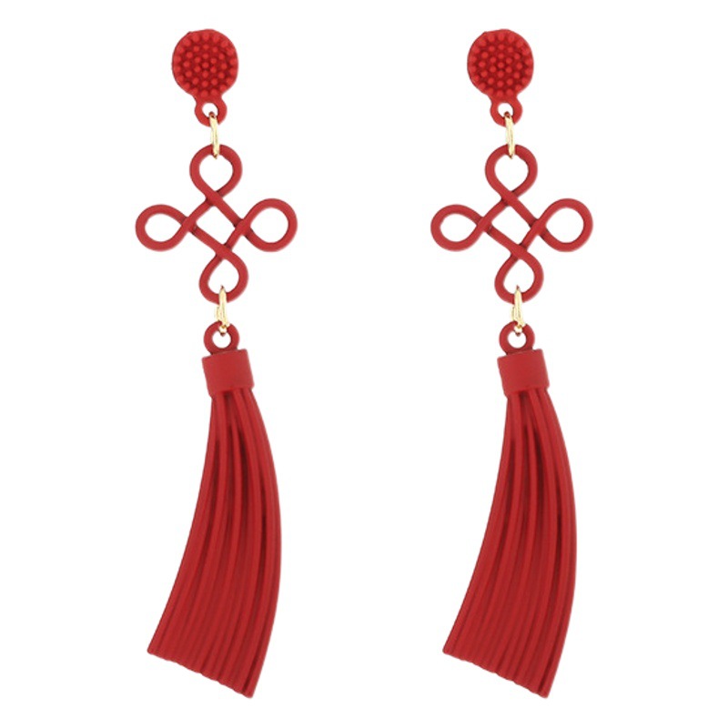 Pendientes de nudo chino rojo con aguja plateada, pendientes largos festivos y a la moda para el Año Nuevo, modernos y elegantes, pendientes versátiles con una personalidad única.