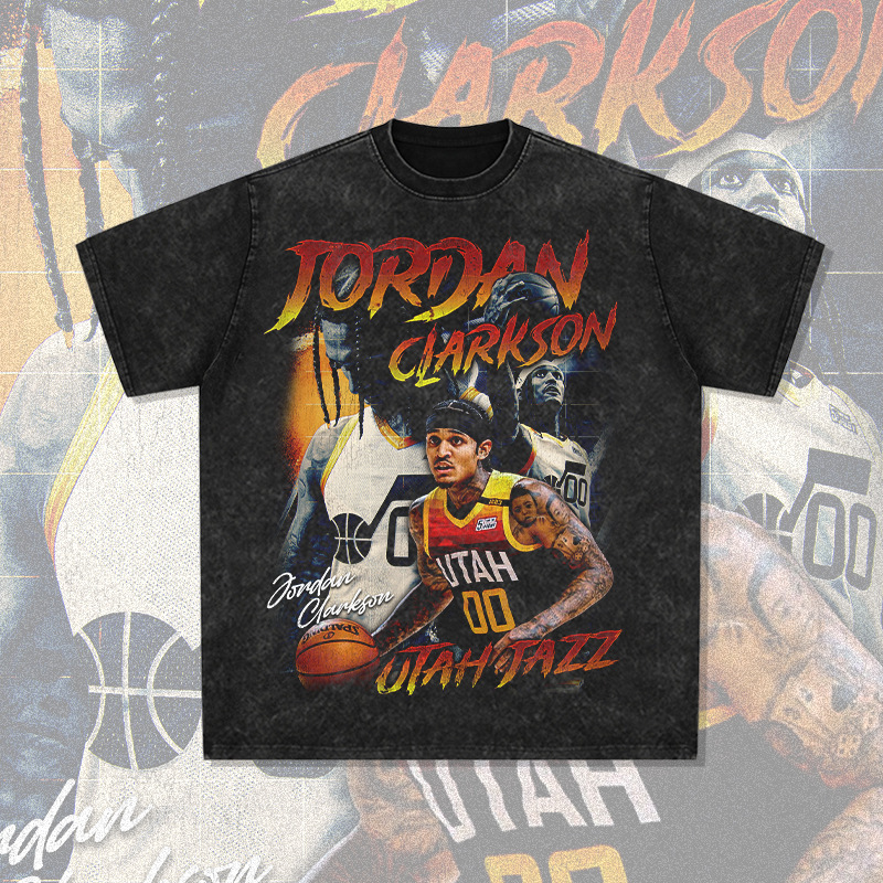 Clarkson American Star camiseta callejera hip-hop marca de tendencia impresión retro hacer viejo lavado pesado cuello redondo manga corta