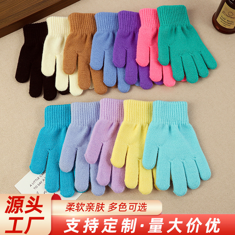 Cross-border best-selling gloves, winter warm children's gloves, solid color candy-colored gloves, knitted gloves for travel and cycling