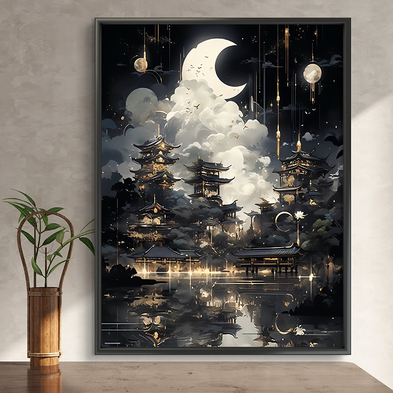 Pintura al óleo digital de estilo antiguo estilo arquitectónico de la dinastía Tang, relleno a mano, relleno de agujero, lámpara acrílica, sala de estar nueva