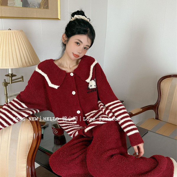 Cotton Casual Cat Soft Pajamas Set for Women Autumn and Winter Thickeneded Navy Collar Buttoned Cardigan Stripesd Home Clothes