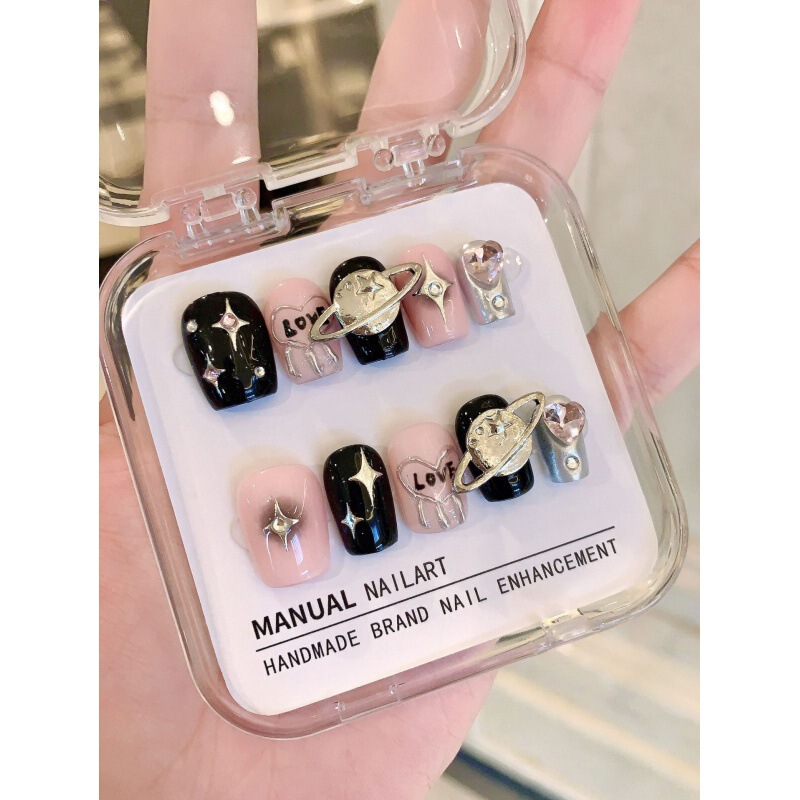 [original Real Shot] Purely Handmade Wearable Nails Internet Celebrity Queen Mother Nail Art Stickers Dark Alloy Saturn Accessories Nails