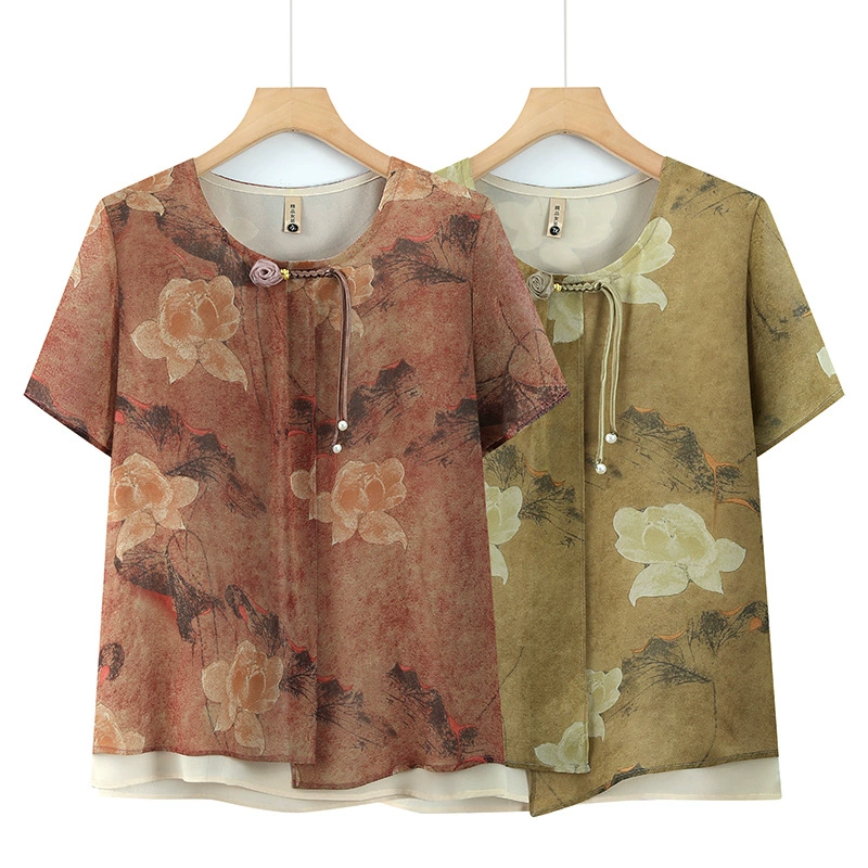 2025 новых летних рубашек с короткими рукавами для женщин среднего и пожилого возраста для мам 60 и 70 лет, летние футболки на пуговицах в стиле ретро для бабушек