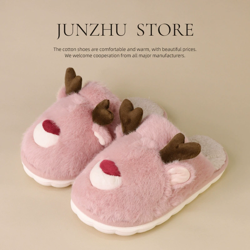 Детские хлопковые тапочки для девочек, зимние пушистые тапочки с оленями на Рождество, домашние теплые хлопковые тапочки с противоскользящей подошвой, стиль для родителей и детей.