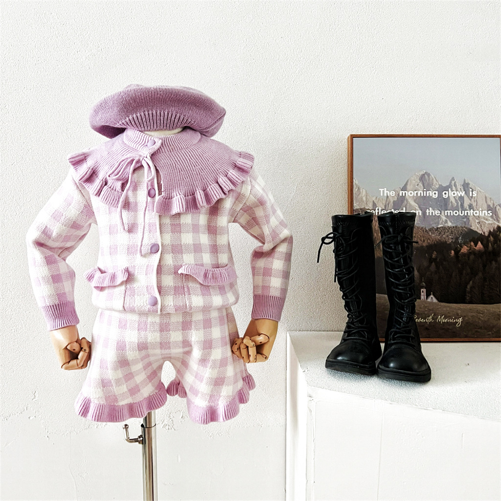 2024 Ediție coreeană nouă, guler toamnă/iarnă, pulover pentru fete, pantaloni scurți, stil la modă, carouri_voghion.com