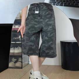 裤子阔腿中裤款美式迷彩年夏季复古高腰直筒新款牛仔七分裤女