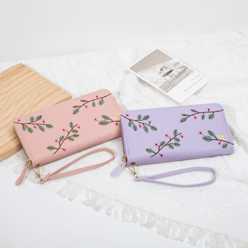 2025 nueva cartera de mujer larga cremallera bolso de mano de moda bordado bolso de cambio de cuero suave de gran capacidad