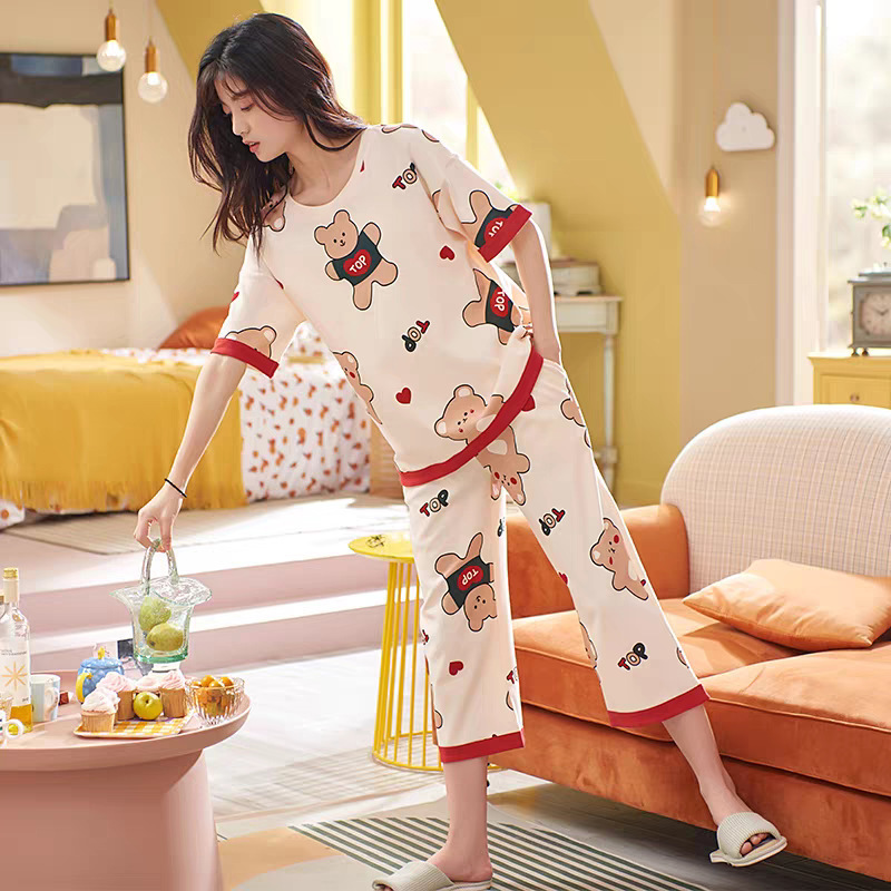 2025 New Pajamas for Women Summer Cotton Short-Sleeved Cropped Pants Printed Casual Wearable Home Clothes Suit Summer