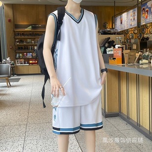 Summer Ice Silk Vest Shorts Basketball Uniform Suit Men's Sports Casual Loose Large Size Running Fitness Jersey Huangsha