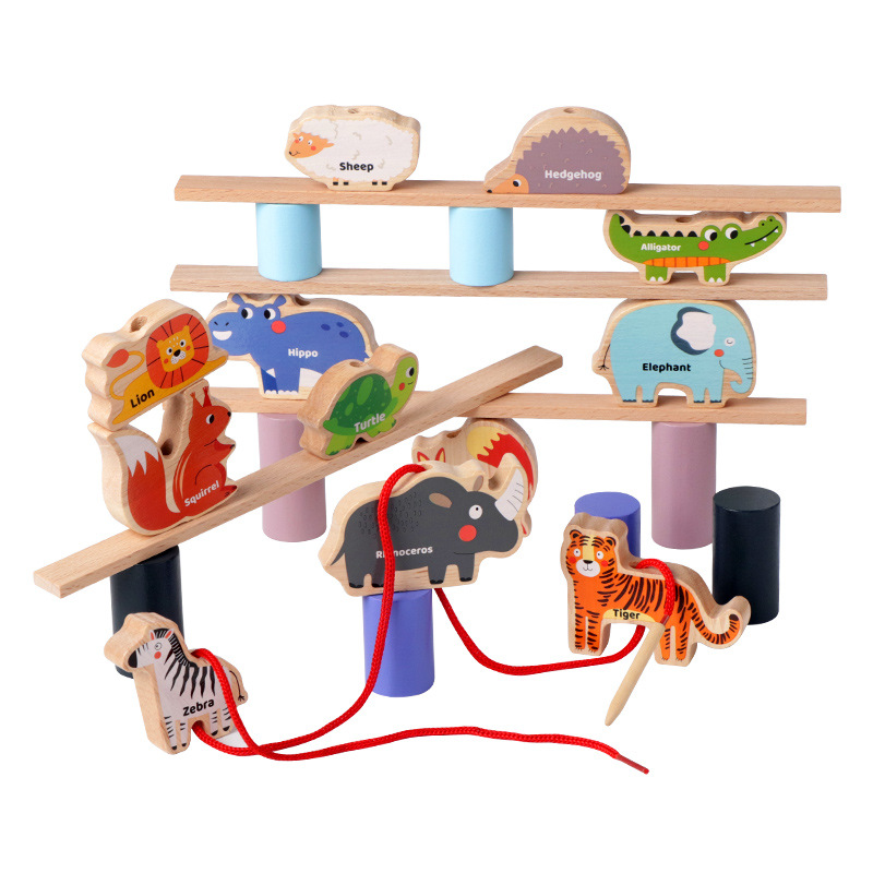 Niños animales con cuentas Jenga educación temprana, bloques de construcción cognitivos, pilas de animales, juguetes educativos de madera de equilibrio