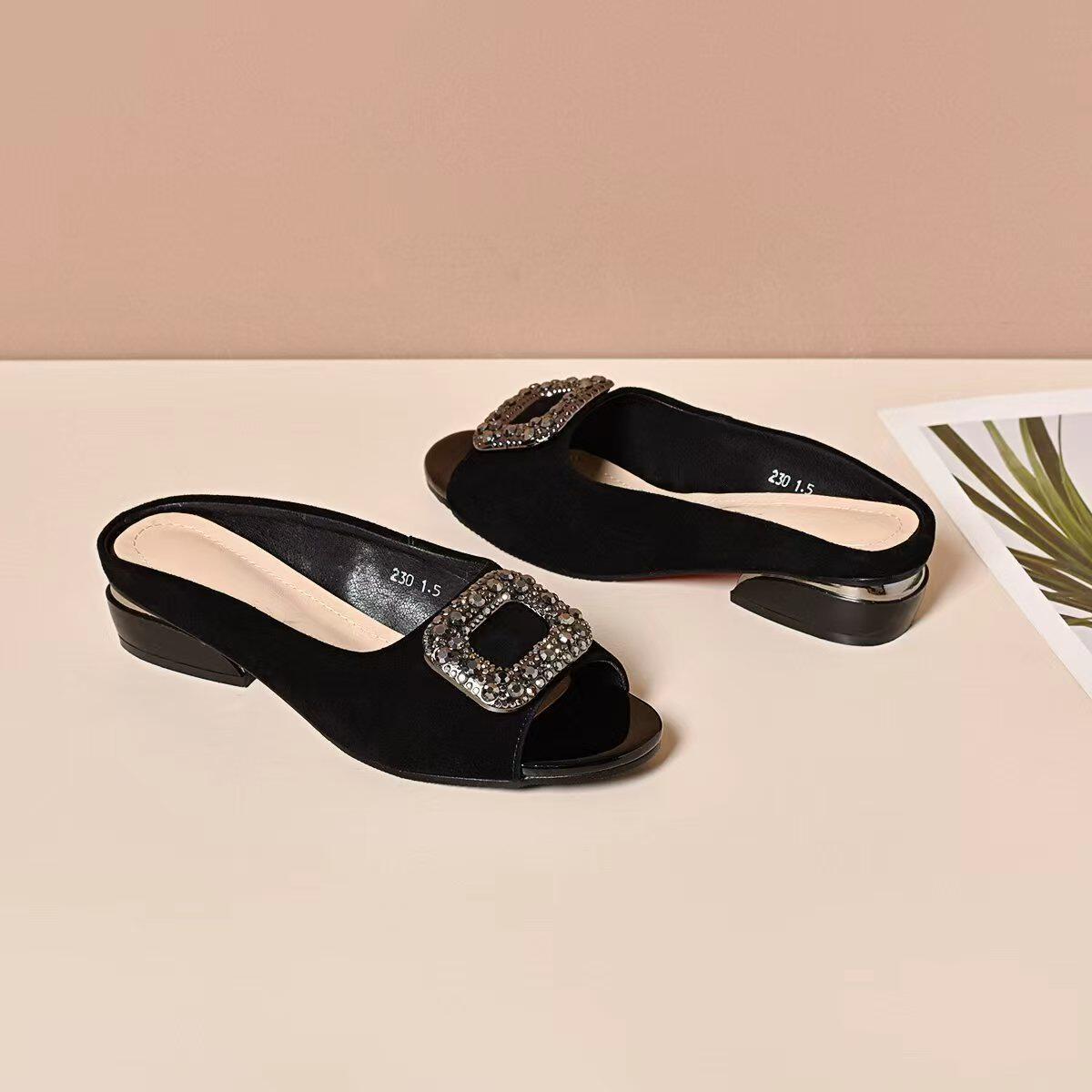 Sandal peep toe nữ gót vuông da thật, đế mềm chống trượt, gót thấp 4 cm — màu đen chi tiết 7