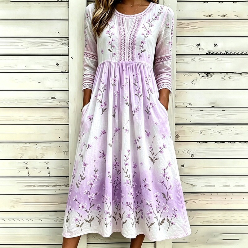 European and American women's round-neck dress, mid-length sleeves, side pockets, fashionable long dress, Amazon cross-border best-selling women's clothing