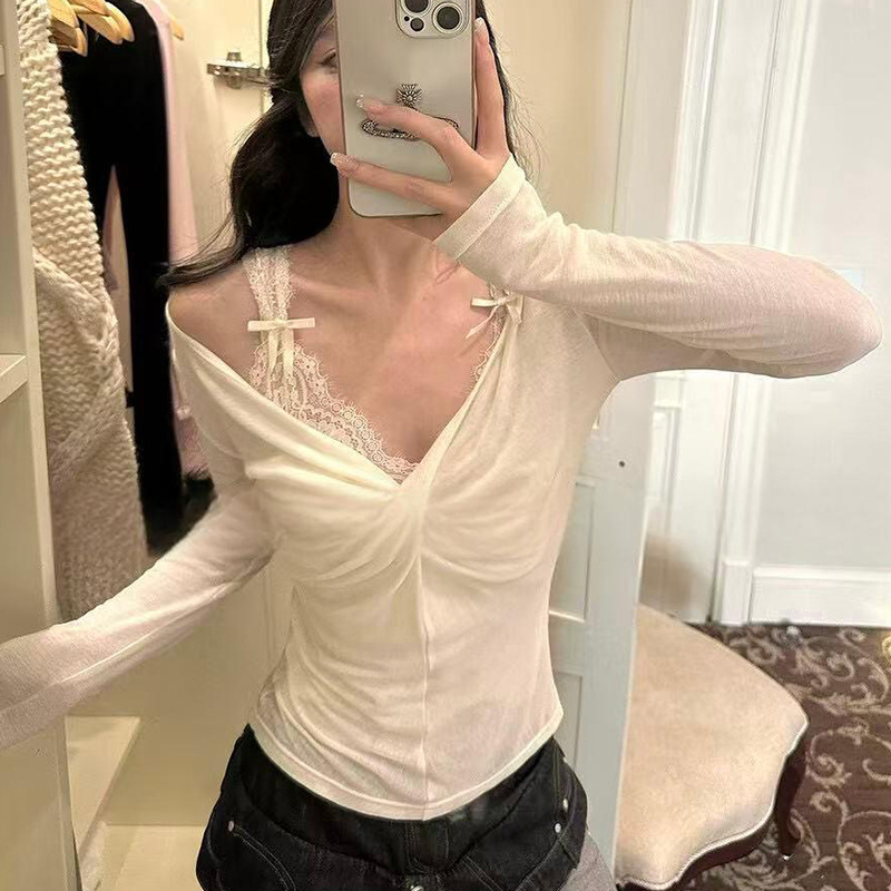 十三行小香风扭结V领纯欲风蕾丝花边T恤女高级感紧身显瘦上衣|undefined