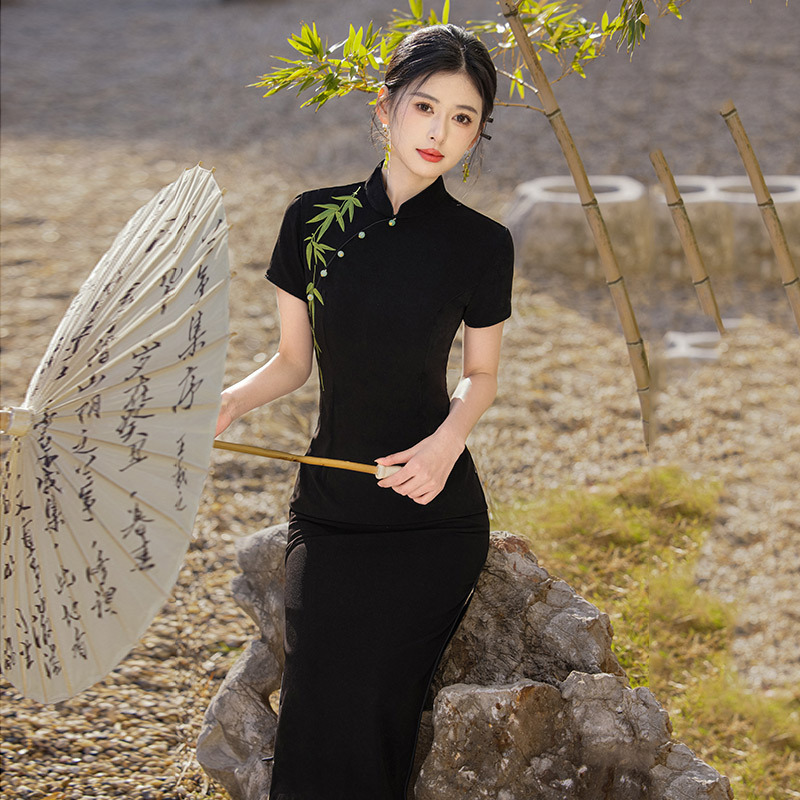 刺绣黑色国风长款旗袍改良年轻款2025新款女复古修身日常可穿夏季|undefined