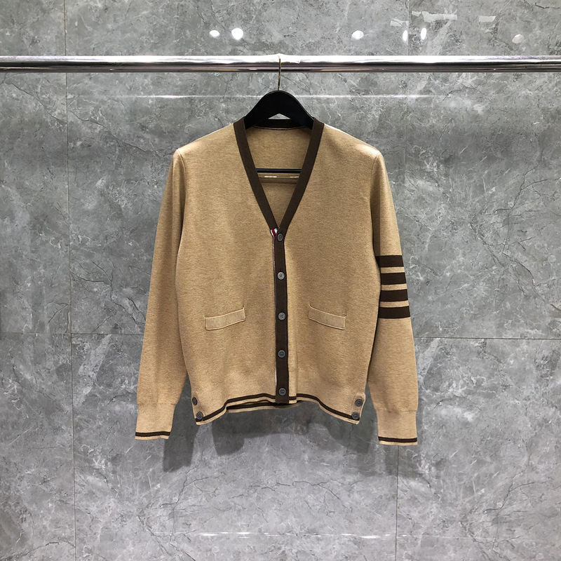 Time Breathe Tb Cardigan Women's Autum New Korean Style Contrasting Color Small Fragrance Brown Four-Bar V Neck Knitwear
