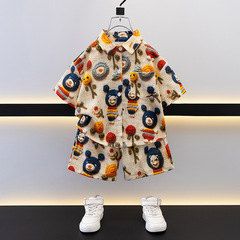 男児夏セット2025新作子供かっこいい夏服花シャツ洋風おしゃれキッズ半袖2点セット