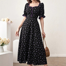 P612TEMU独立站外贸女士新款方领泡泡袖撞色收腰法式约会连衣裙