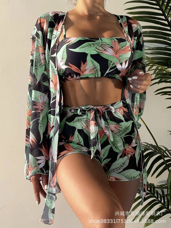 Mingyi nueva moda europea y americana bikini sexy blusa manga larga multicolor impreso de cuatro piezas traje de baño de mujer