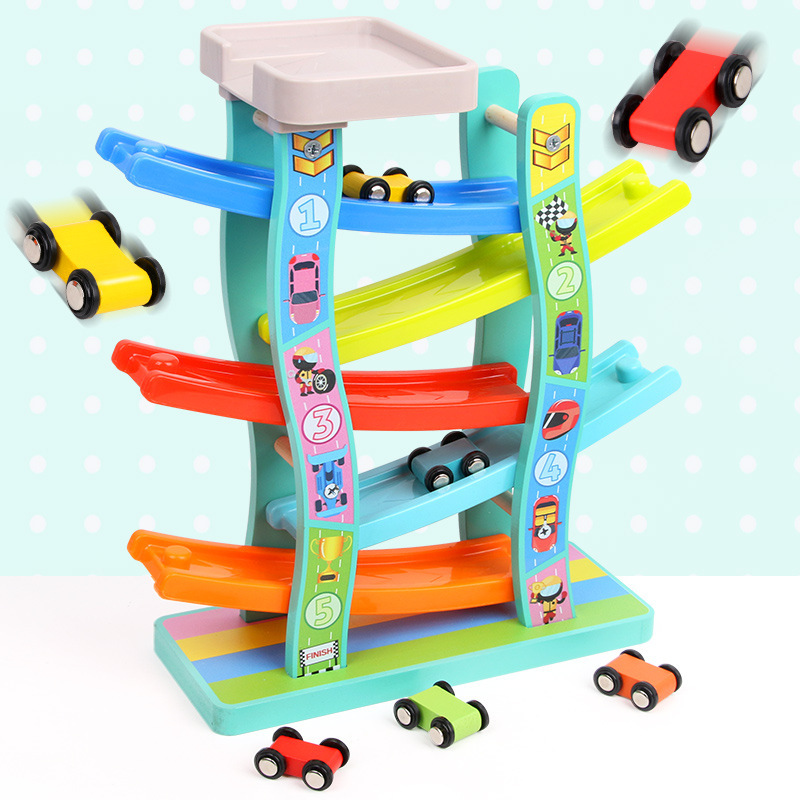 Children's Racing Multi-Layer Track Glider Car Fun Track Inertial Slide Car Speed Racing Wooden Toy