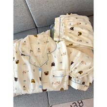 日系灰色小狗大码睡衣女款春秋夏季云朵春棉短袖三件套卡通家居服