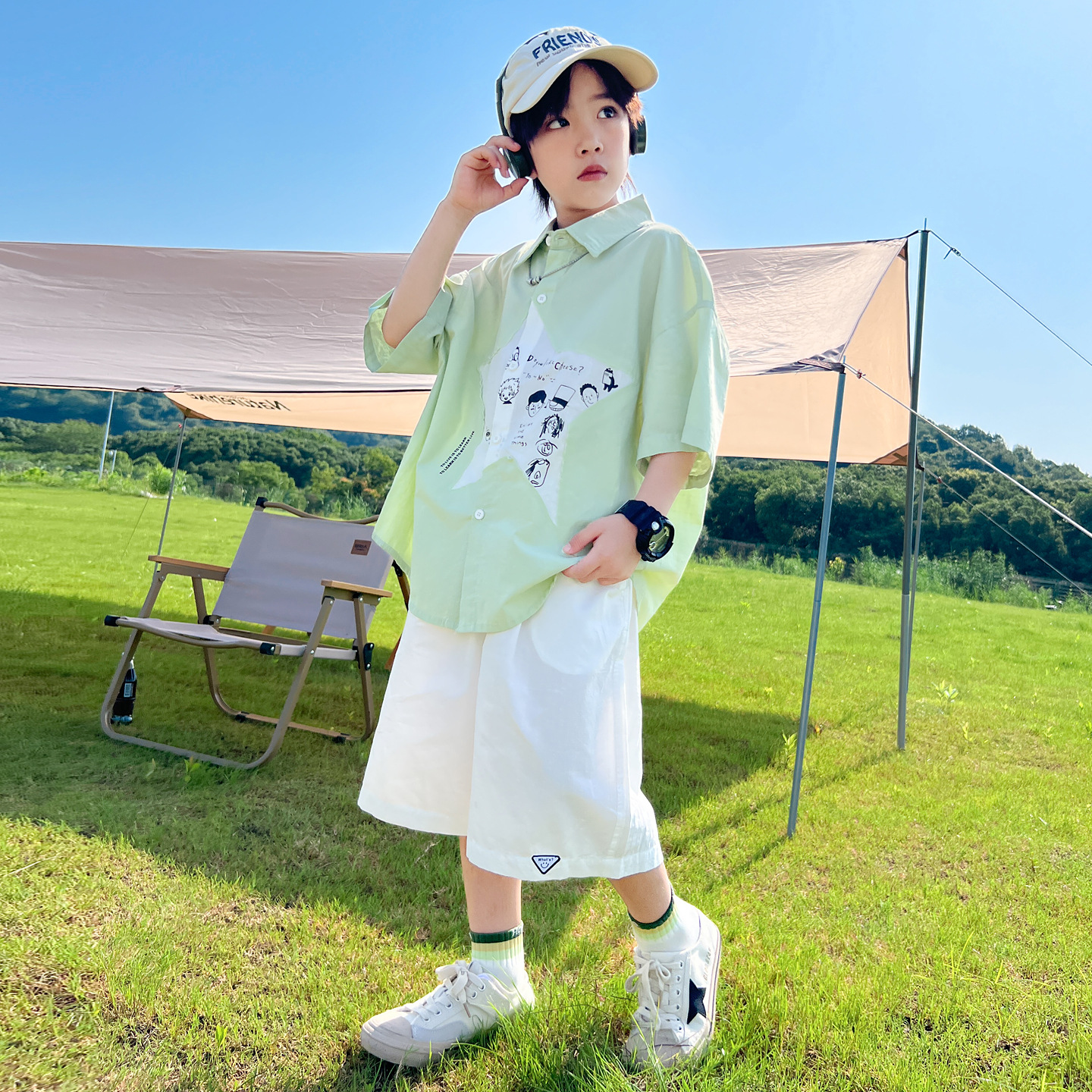 Summer Boys' Short-Sleeved Shirt Shorts Suit Children's Clothing Children's Boys Loose Shorts Two-Piece Set Youth Lapel