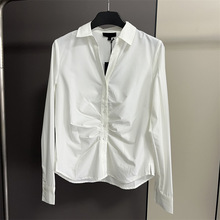 9553缘单！女白色翻领+V字领线设计修饰脸型知性通勤气质长袖衬衫
