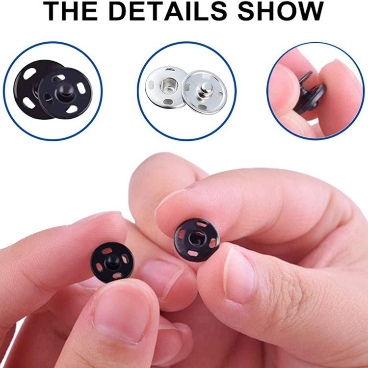 80 sets 4 tamaños costura complemento metal oculto hebilla puntada botón coser negro y plata Madre y niño hebilla traje