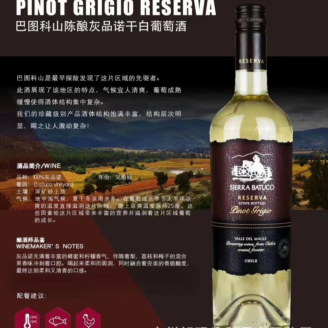 智利巴图科山陈酿灰品诺Sierra  Batuco干白葡萄酒