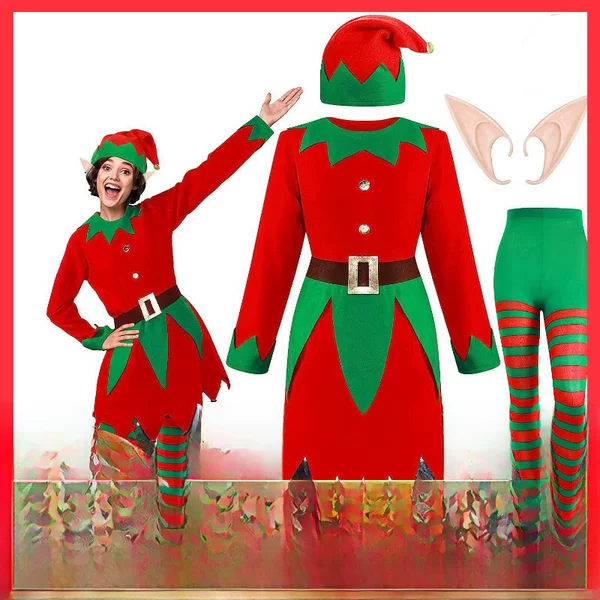 European and American Cross-Border Adult Christmas Costumes, Children's Christmas Elf Suits, Red and Green Color Matching Cosplay Costumes