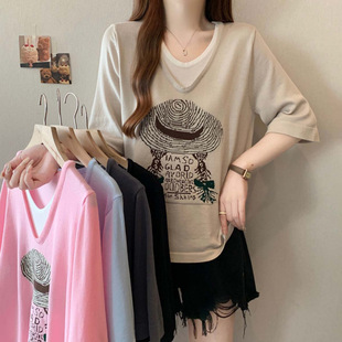 2025 New Summer Fake Two-Piece Refreshing Sun Protection Ice Silk Knitted Blouse Large Size Cartoon Versatile Top
