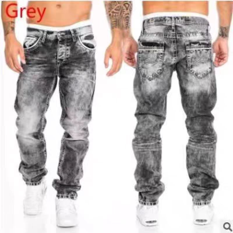 Men's Casual Distressed Straight Leg Jeans Trendy Hip Hop Pocket Trousers European American Style mid Waist Long Non-Stretch_mkmklike.com