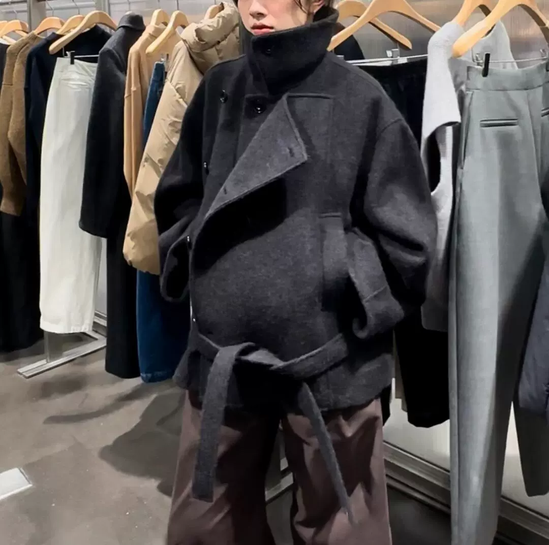 lemair*翻领毛呢子大衣短款外套黑色系带浴袍束腰加厚宽松上衣