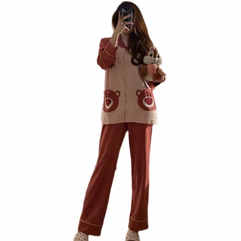 Nuevo Pijama Rojo en línea para mujer fresa oso Doble Bolsillo de dibujos animados para mujer estilo coreano 2022 traje de uso doméstico entrega de una pieza