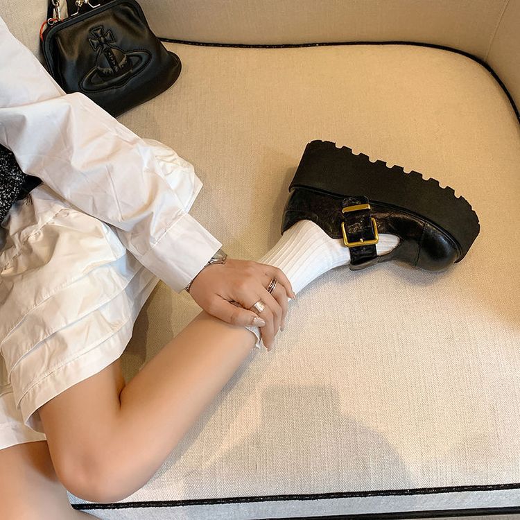 Giày da nữ mũi tròn miệng sâu đế xuồng cao gót dày khóa thắt lưng phong cách cổ điển — Màu nâu, Màu đen chi tiết 19